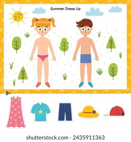 Sommer-Ankleide-Aktivitätsseite für Kinder. Kleiner Junge und Mädchen mit Sommerkleidung bedruckbares Spiel für Kinder. Papierpuppen Vektor-Illustration