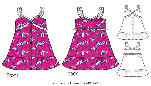 Summer dress  for Girls. Detailed vector drawing