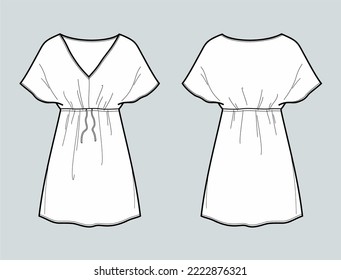 Vestido de verano femenino con manga de una pieza. Delante y atrás. Ilustración vectorial. 