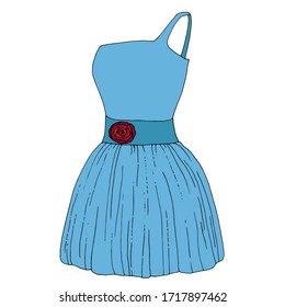 Summer dress with one strap and a rose on the belt. Party outfit. Colored flat vector illustration. Cartoon isolated on a white background.