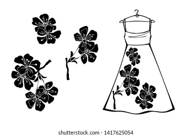 Summer dress template in hand drawn sketch style. Trendy dress with floral black and white print on white background