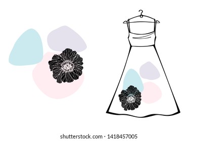 Summer dress template in hand drawn sketch style. Trendy dress with abstract colorful print on white background