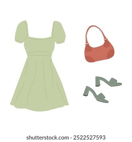 Sommerkleid, Tragetasche und Sandalen. Modernes Damen Outfit Set. Mode stylische Kleidung, lässige Kleidung und Accessoire. Flache Vektorgrafik einzeln auf weißem Hintergrund