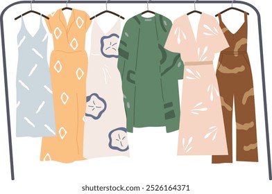 Summer Dresses on Clothing Rack. A collection of colorful summer dresses hanging on a clothing rack, showcasing light and flowy options for warm-weather outings