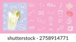 Summer Drink Ads Elements: Watercolor Flowers and Cute Doodle Beverage Vector