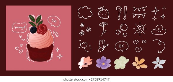 Summer Drink Ads Elements: Watercolor Flowers and Cute Doodle Beverage Vector