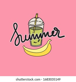 Summer drink, banana with lettering Summer isolated on the pink background.  Summer label, logo, design elements for summer holiday, Vector fresh elements for hot weather