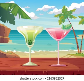 Summer drink cocktail on beach landscape background concept. Vector cartoon graphic design illustration
