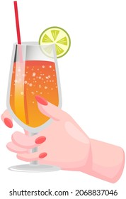 Summer drink, cocktail party martini glass with cherry doodle. Tropical alcoholic cocktail with ice. Blue drink in martini glass decorated with berry. Alcohol, beverage from bar in woman hand