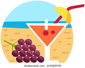 Summer drink, cocktail party martini glass. Tropical alcoholic lemonade and grape on sunny beach. Red drink in martini glass decorated with umbrella. Alcohol cocktail and fresh fruit at summer