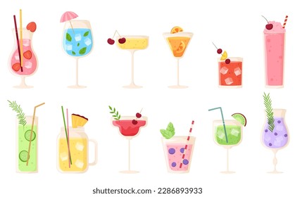 Summer drink cocktails, sweet fruits and alcohol fresh drinks. Beach or pool party, restaurant or bar elements. Mojito and tonic snugly vector set