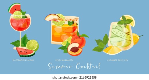 Summer drink cocktails vector set. Tropical  beverage with lemon, watermelon, lime, mint, peach, cucumber, gin, margarita, Paloma. Everything for party