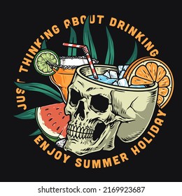 Summer drink colorful flyer vintage alcoholic and fruit cocktails in form of skull for beach bar party vector illustration