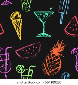 Summer drink and dessert colorful seamless pattern. Rough black ink sketch of watermelon section, pineapple, cocktail , ice cream. 