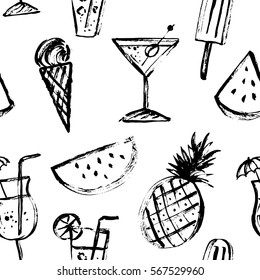 Summer drink and dessert seamless pattern in black and white. Rough black ink sketch of watermelon section, pineapple, cocktail , ice cream. 
