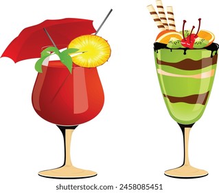Summer Drink, Fresh smoothies and sparkling drinks Fruit refreshment and soft drinks in glasses