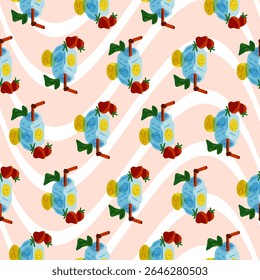 Summer Drink Fruit Seamless Pattern. Seamless pattern with refreshing summer drink, lemon slices, strawberries and mint on a pink wavy background. Flat cartoon style with bright fruity colors.