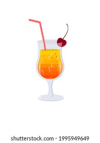 Summer drink with ice. Vector illustration for a cocktail party. Yellow juice with lice