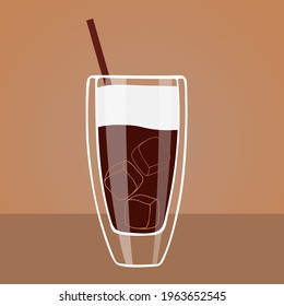 Summer drink. Iced Coffee in high glass with cream on table isolated. Flat cartoon vector illustration. Energy drink glass. Cold drink on brown background