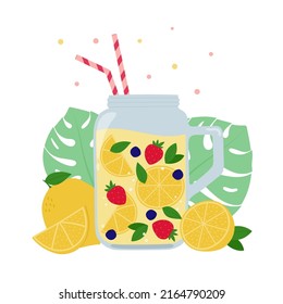 Summer drink with lemon, strawberry and bilberry. Cartoon fruit beveragewith monstera leaves on background. Isolated vector illustration. 