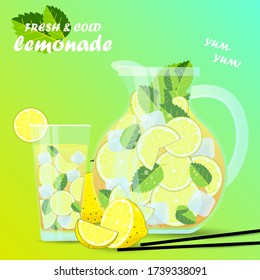 Summer drink lemonade. Hand drawn lemonade. Lemon juice bubble drink with labels and typography, summer cold cocktail.