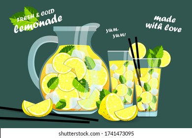 Summer drink lemonade. A large jug and a glass of lemonade. Hand drawn lemonade. Lemon juice bubble drink with labels and typography