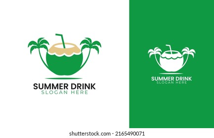 Summer drink logo design. Coconut fruit with tree and straw icon