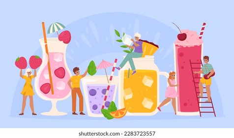 Summer drink party concept. Funny drinks, preparing cocktails with fruits and berries. Rafting lemonade, tiny cartoon young characters, snugly vector scene