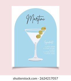 Cartaz de bebida de verão. Martini coquetel receita arte da parede. Impressão na moda
