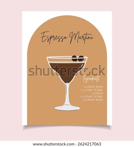 Summer drink poster cartoon flat. Espresso Martini cocktail recipe wall art. Trendy print