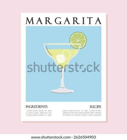 Summer drink poster cartoon flat. Margarita cocktail recipe concept wall art. Trendy print