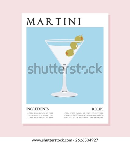 Summer drink poster cartoon flat. Martini cocktail recipe concept wall art. Trendy print