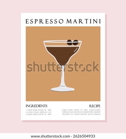 Summer drink poster cartoon flat. Espresso Martini cocktail recipe concept wall art. Trendy print