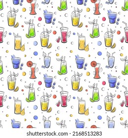 Summer drink seamless pattern. Fruit and berry juice cocktail background, tropical food detox, healthy lifestyle. Cold vitamin beverages. Vector decor textile, wrapping paper or print