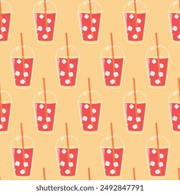 Summer drink seamless pattern. Fruit lemonade with ice cubes on beige background. Vector illustration