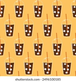 Summer drink seamless pattern. Iced coffee with ice cubes on yellow background. Vector illustration