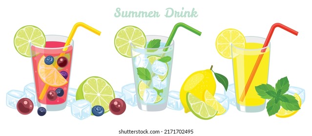 Summer drink set. Vector cartoon illustration of sweet mojito, limoncello and sangria with tube for drinking and ingredients. Chill summer alcoholic drink party. Icons or menu concept. - Shutterstock ID 2171702495