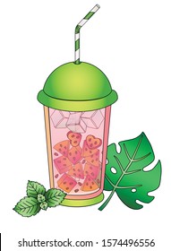 Summer drink with slices of watermelon in a glass with a green lid and a drinking straw. A glass of juice or smoothie decorated with a monstera leaf and a sprig of mint. - vector full color picture.