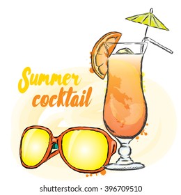 Summer drink and sunglasses. Vector illustration. Vacation.