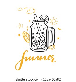 Summer Drink vector hand drawn illustration. Concept with doodle style smoothie with fruit ingredients in a jar