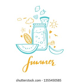 Summer Drink vector hand drawn illustration. Concept with doodle style smoothie with fruit ingredients in a jar