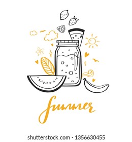 Summer Drink vector hand drawn illustration. Concept with doodle style smoothie with fruit ingredients in a jar