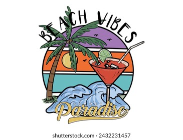 Summer Drinks Beach Wave text with a waves vector illustrations. Summer Beach Wave Vector illustration. sunshine beach, summer beach sunshine vector print design artwork.