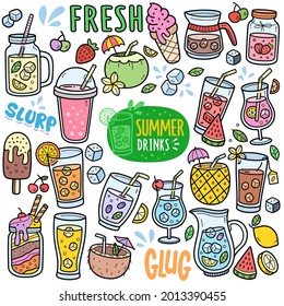 Sommergetränke und Getränke, bunte Grafiken und Illustrationen. Vektorkunst wie Kokoswasser, Limonade, Ananas, Wassermelone, Eistee, Smoothie, Saft sind in diesem Doodle Set enthalten.