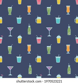 Summer Drinks or Beverages Seamless vector Pattern. Vector Illustration of Tropical Beverages in various Glassware. Perfect for Restaurant, Bar, Party Menu, Advertisement, Wallpapers, Web banners