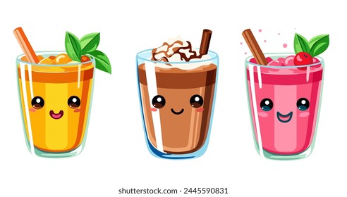 Summer drinks or Bubble tea cup design collection, Pearl milk tea, Yummy drinks, milkshake and soft drinks kawaii style banner. Yummy beverages in glass or plastic cups. Colorful vector illustration