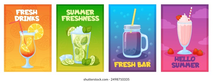 Summer drinks cards. Beach party beverages. Cocktail glasses with ice cubes and mint leaves. Refreshing mojito. Tasty milkshake. Non alcoholic bar menu. Cold smoothies