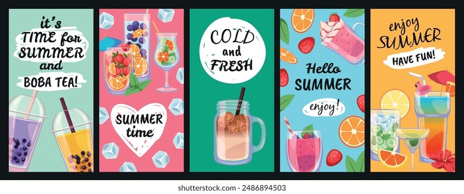 Verano bebe tarjetas. Bebidas frescas frías con cubitos de hielo, bayas, frutas y hojas de menta, jugos y batidos de fiesta en la playa, Anuncio de medios sociales de Vertical, conjunto aislado plano de dibujos animados de Vector ordenado