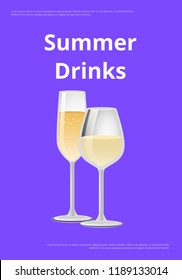 Summer drinks champagne advertisement poster with closeup of glass, alcohol drink with bubbles vector illustration isolated on purple background