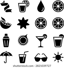 summer drinks cocktails and refreshing beach lifestyle elements with citrus fruits and sun symbols